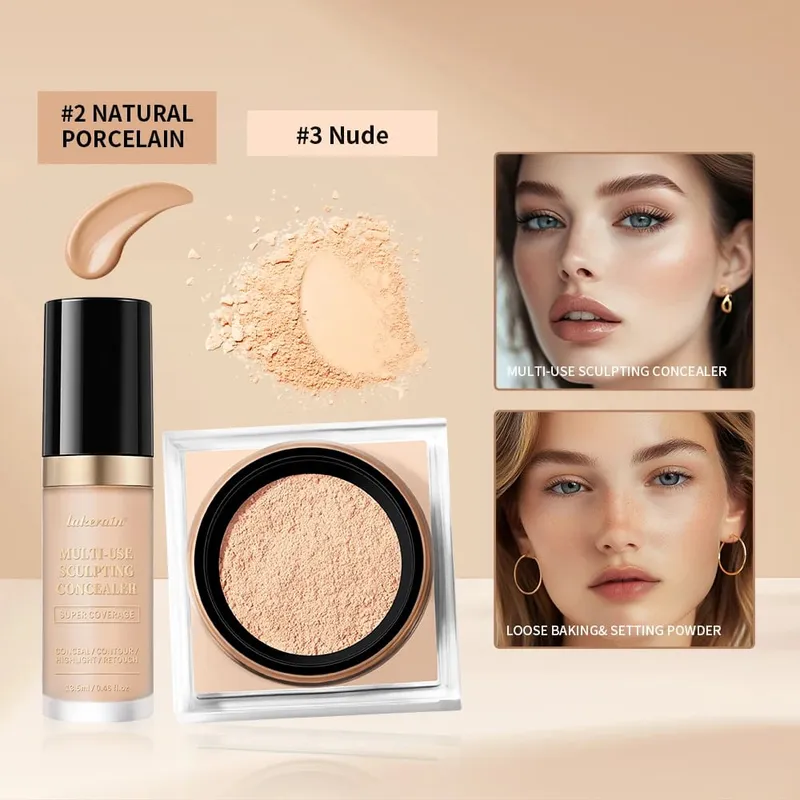 Set Solekan Wajah 2pcs Dengan Concealer dan Bedak Tetapan Longgar Wajah Asli Licin Matte Kemasan Kosmetik Wanita Makeup Korea
