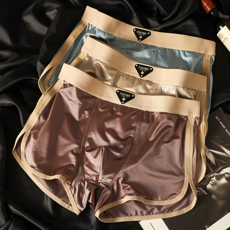3PCS/Pek Mewah Satin seperti Sutera Ais Seluar Dalam Lelaki Higroskopik Boleh Bernafas Dua Lapisan Sutera Selangkangan Boxer Seluar Dalam Anjal Tinggi