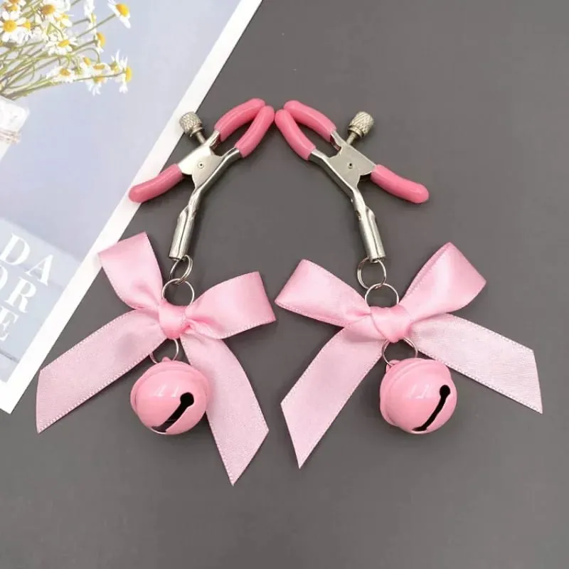 Pinces à tétons en métal pour femmes, 1 paire, petite cloche avec nœud papillon, Stimulation du sein, accessoires exotiques, boule de cheveux de Bondage, jouets sexuels Sexy pour femmes — image 6