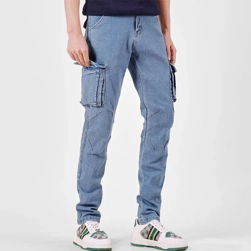 Pantalones Cargo de Mezclilla con Cintura elástica Estilo Callejero para Hombre, Vaqueros Informales de Corte Entallado y Lavado de Color sólido con múltiples Bolsillos para Uso Diario