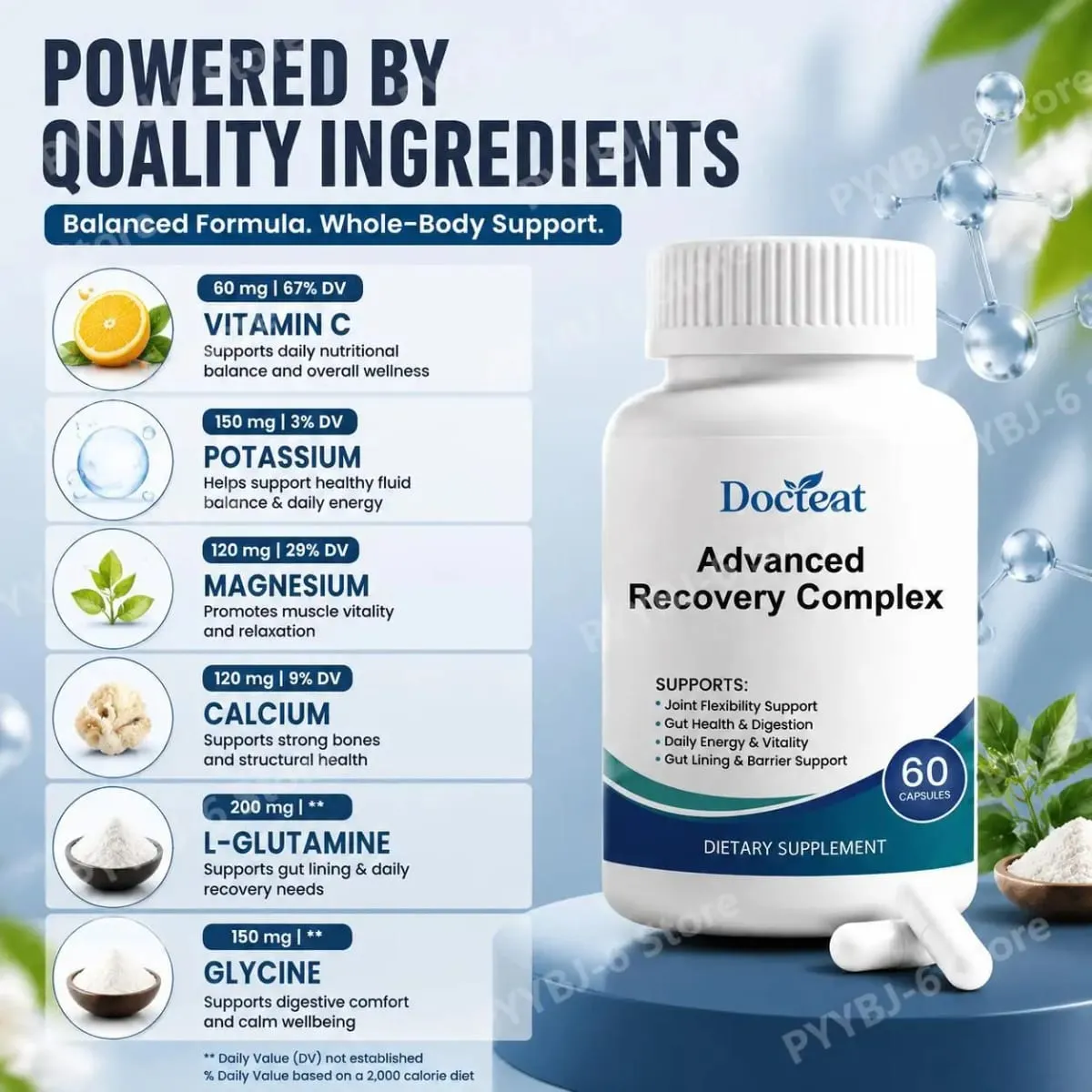 Phức hợp phục hồi nâng cao 60 viên với L Glutamine Glycine Lysine Enzyme tiêu hóa cho sức khỏe đường ruột Hỗ trợ sức khỏe hàng ngày