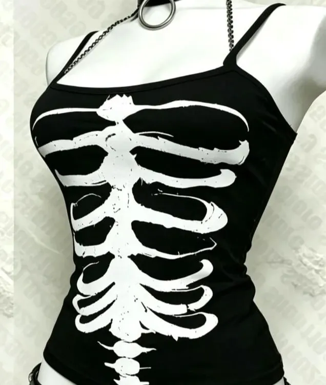 Y2K Gothic Alt Sleeveless Crop Top Vintage Grunge Skeleton Front Back Graphic Slim Women Skeleton Ribcage Spine Cami Tank Tops — image 5