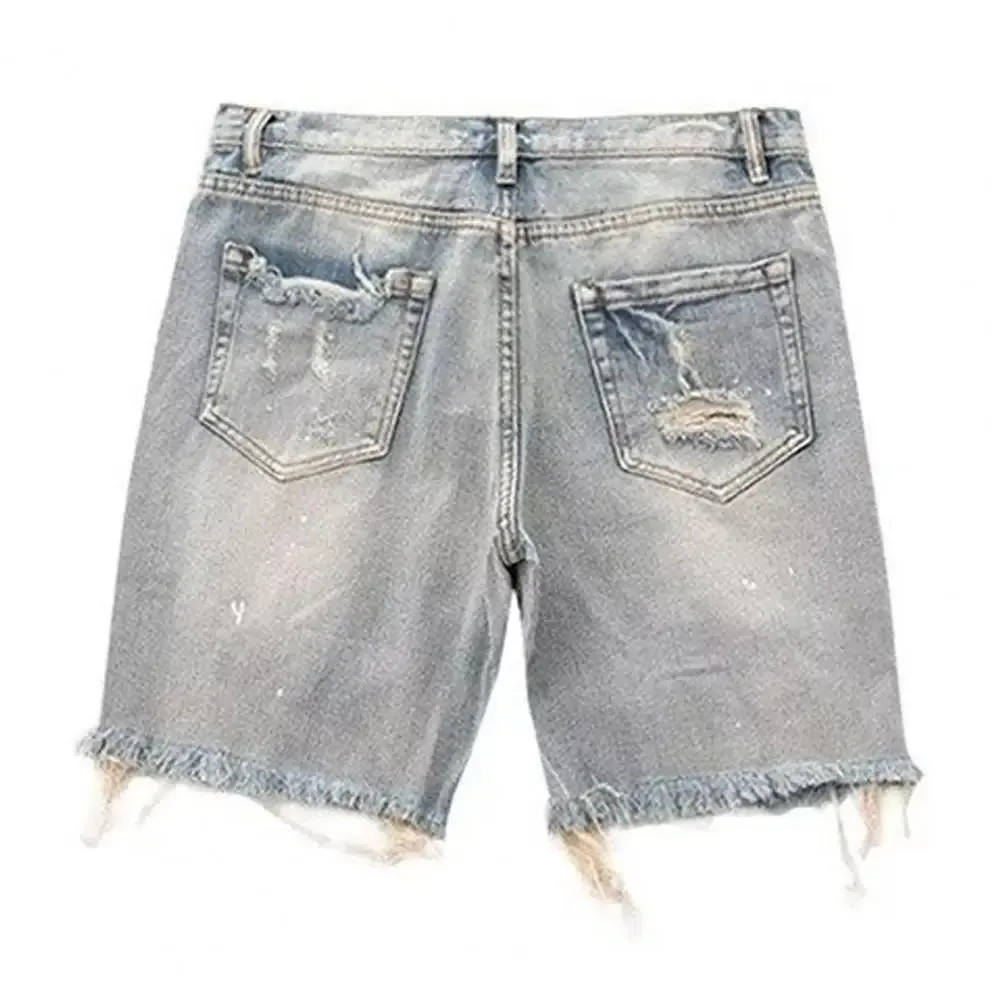 Pantaloncini estivi da uomo in denim effetto invecchiato con bottoni con cerniera e tasche multiple Jeans corti vestibilità dritta con fori strappati lunghezza al ginocchio invecchiato — image 5