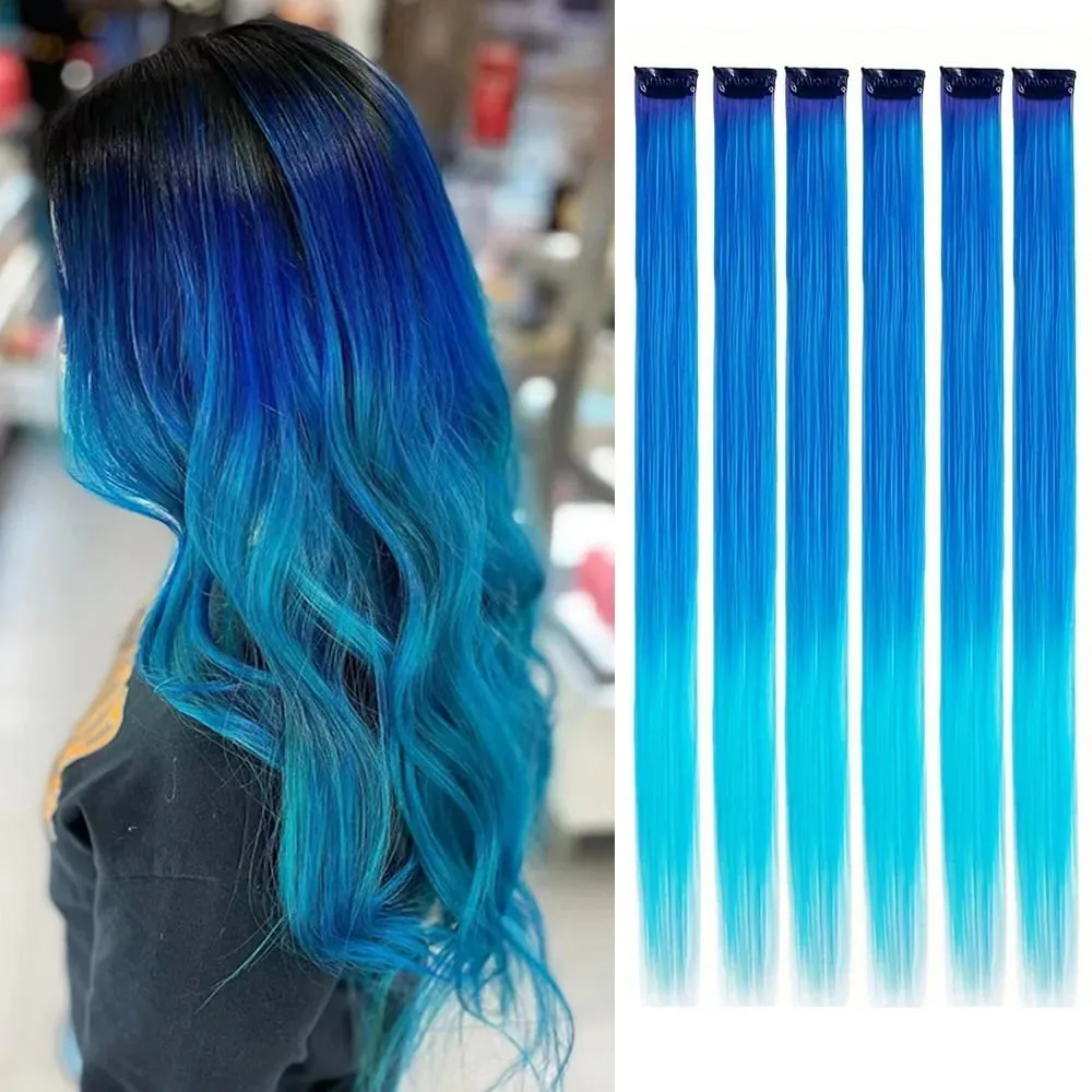 6 Stück/Packung, farbige Party-Highlights, Clip-in-Haarverlängerungen, 22 Zoll, mehrfarbig, glattes Haar, synthetische Haarteile — image 22