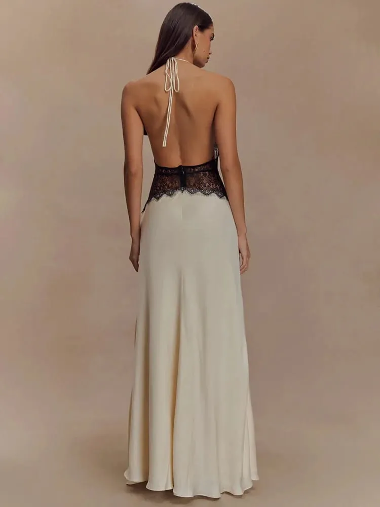 Mozision Abito lungo sexy senza schienale estivo Abito da donna Patchwork in pizzo Halter scollo a V profondo senza maniche abito lungo elegante a vita alta — image 3