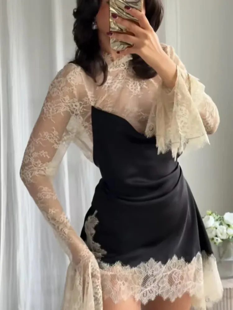 Contrast Lace Patchwork Mini Dress Women Elegant Full Flared Sleeve Waist Cinching Slim Mini Dresses 2025 Lady Street Chic Gown — image 1