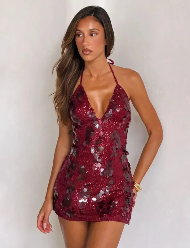 Frauen Solide Pailletten Mini Kleid Neckholder Tiefem V-ausschnitt, Figurbetontes Ärmelloses Sparkly Vestidos Formale Club Party Cocktail Kleider Neue — image 8