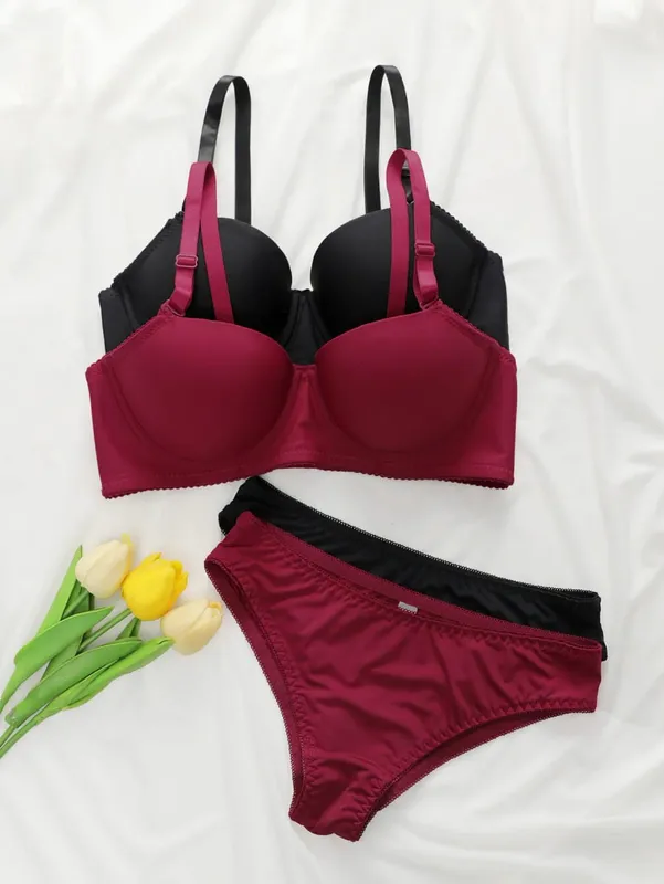 2sets Solide Bügel Dessous Set Frauen Push-Up Bh Mit Stahl Ring Mode Frauen Unterwäsche Panty Alltags Bhs Sets j2611 — image 1