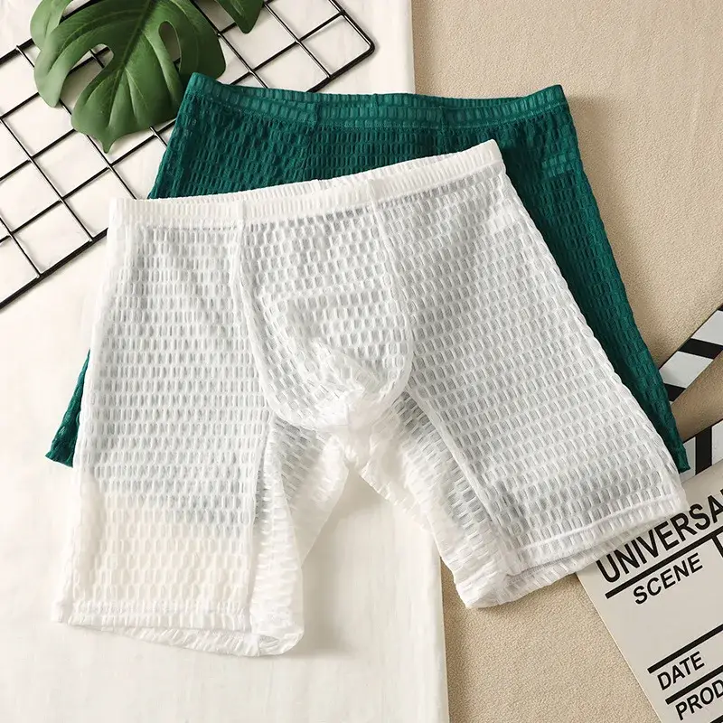 Herren-Boxershorts mit Waffelstruktur, verlängerte Boxershorts, halbhoher, durchsichtiger Netzstoff, kokett, lässig, athletisch, Sporthose, Schlüpfer — image 3
