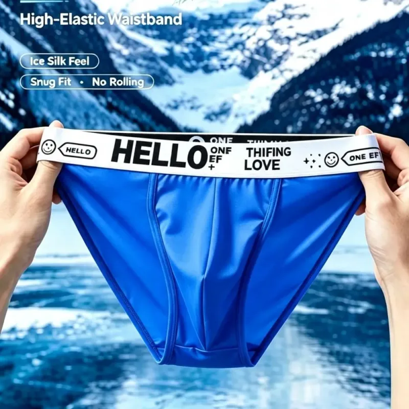 Men Trendy Ice Silk Bikini Briefs Hello Letter Print Moisture Wicking Breathable Athletic Underwear Stylish Cooling Underpants — image 6