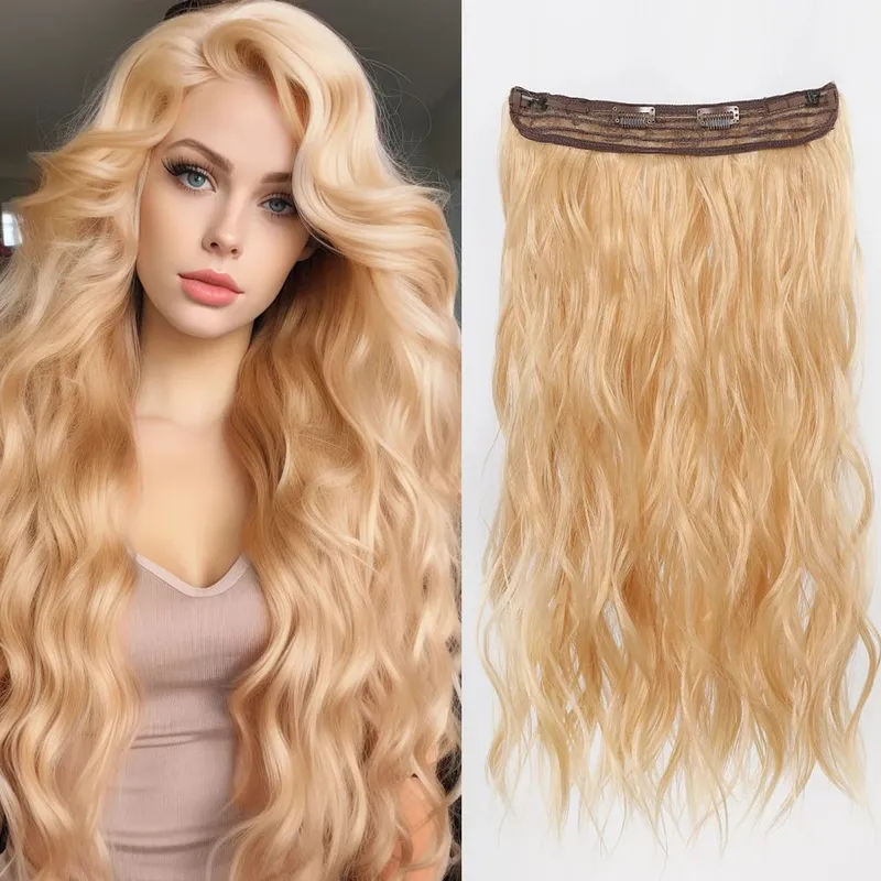 Invisible Wire Hair Extensions with Transparent Adjustable Size 2 Clips Long Wavy One Piece Hairpiece Golden Brown for Women