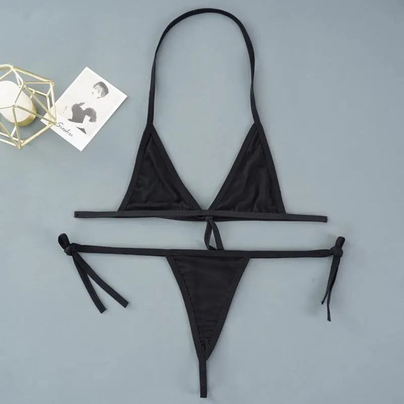 Set Bra Mini Seksi Tanpa Wayar Set Ringkas Bra Tanpa Jala Ultra Nipis Mesh Hitam Lutsinar 2 Keping Halter Set Pakaian Dalam Wanita Eksotik