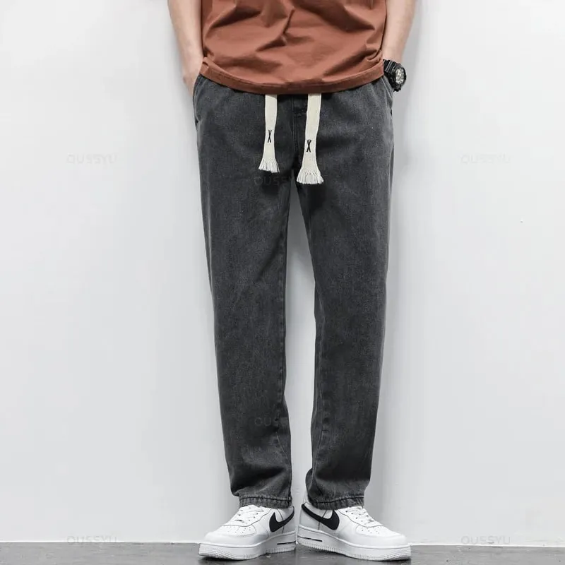 Jeans Pria Pinggang Elastis Sepenuhnya Kualitas Tinggi Celana Lurus Serut Lembut Katun Celana Panjang Kasual Korea Pria Ukuran Besar S-5XL — image 5