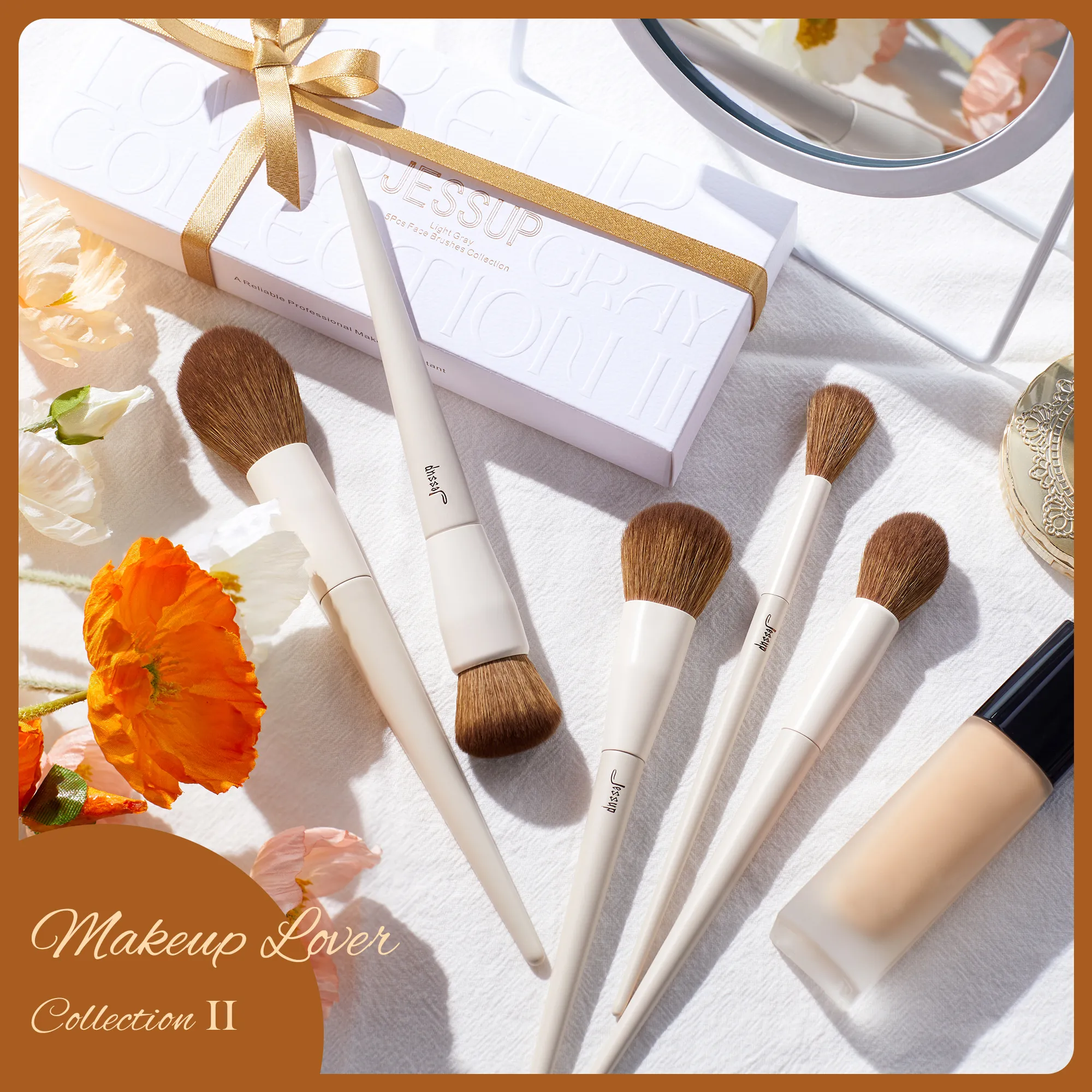 Jessup Face Brushes ชุดแปรงแต่งหน้า 5 ชิ้น Vegan Foundation Blush Bronzer แปรง Contour Fluffy Setting Powder Light สีเทา T493 — image 6