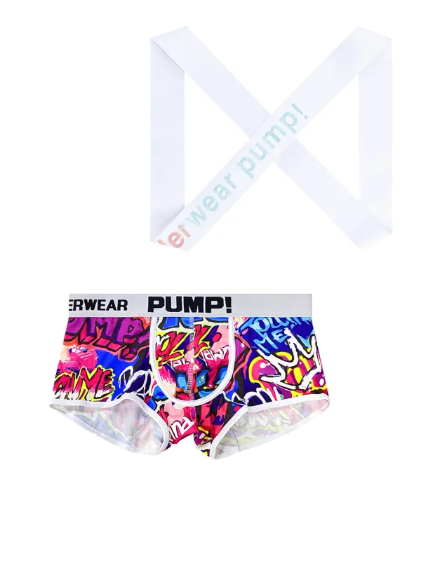 Set Ringkas Boxer & Tali Bahu Cetak Graffiti 2 Keping Lelaki - "WEAR PUMP!" Logo, Seluar Dalam Atletik Selesa Bernafas