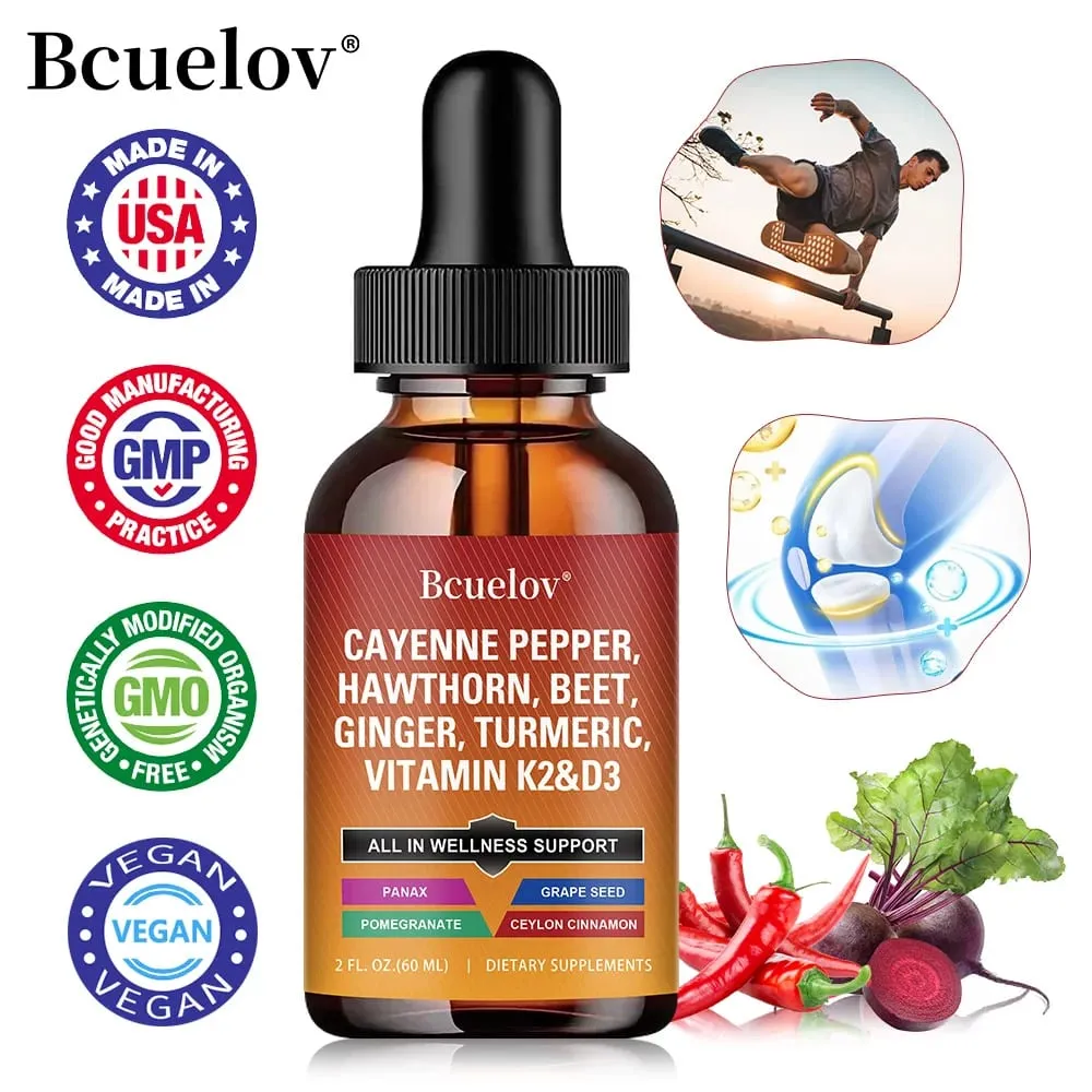 Cayenne Pepper Tekuté kapky + Hawthorn Vitamin D3 K2 Cejlonská skořice Kurkuma BIO doplněk k ženšenu pro zdraví střev — image 2