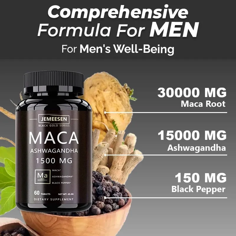 유기농 마카 뿌리 분말 캡슐 1500mg, 마카 뿌리 추출물 Ashwagandha 검은 후추 보충제 함유 남성용 — image 5