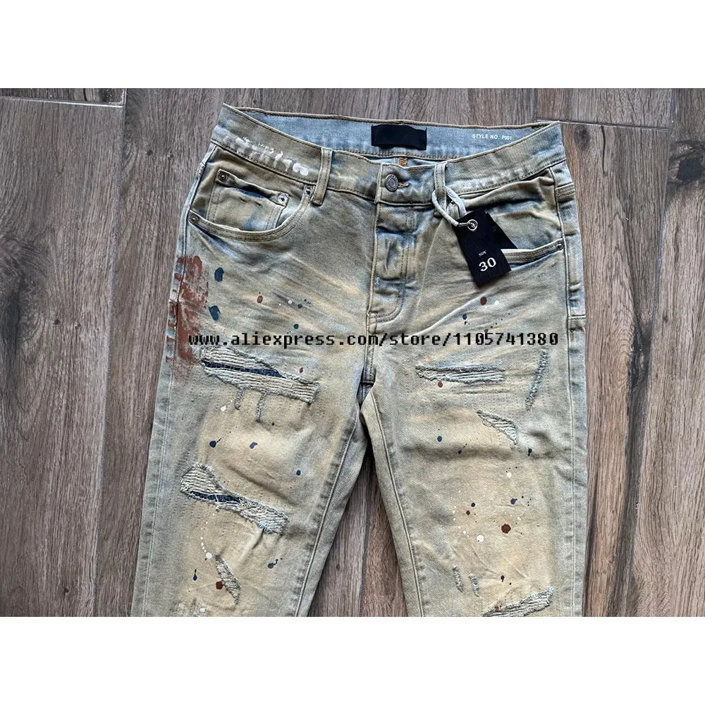Pantalon en jean déchiré pour hommes, délavé, bleu clair, graffiti, trous endommagés, extensible, slim, bouton, braguette — image 4
