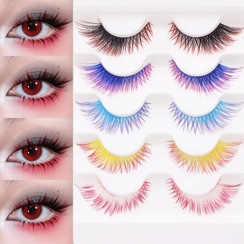 5 คู่ผสมสี Ombre Gradient ขนตาปลอม 3D สีสัน Strip Lashes Handmade Fluffy สีขนตาสำหรับคอสเพลย์แต่งหน้า
