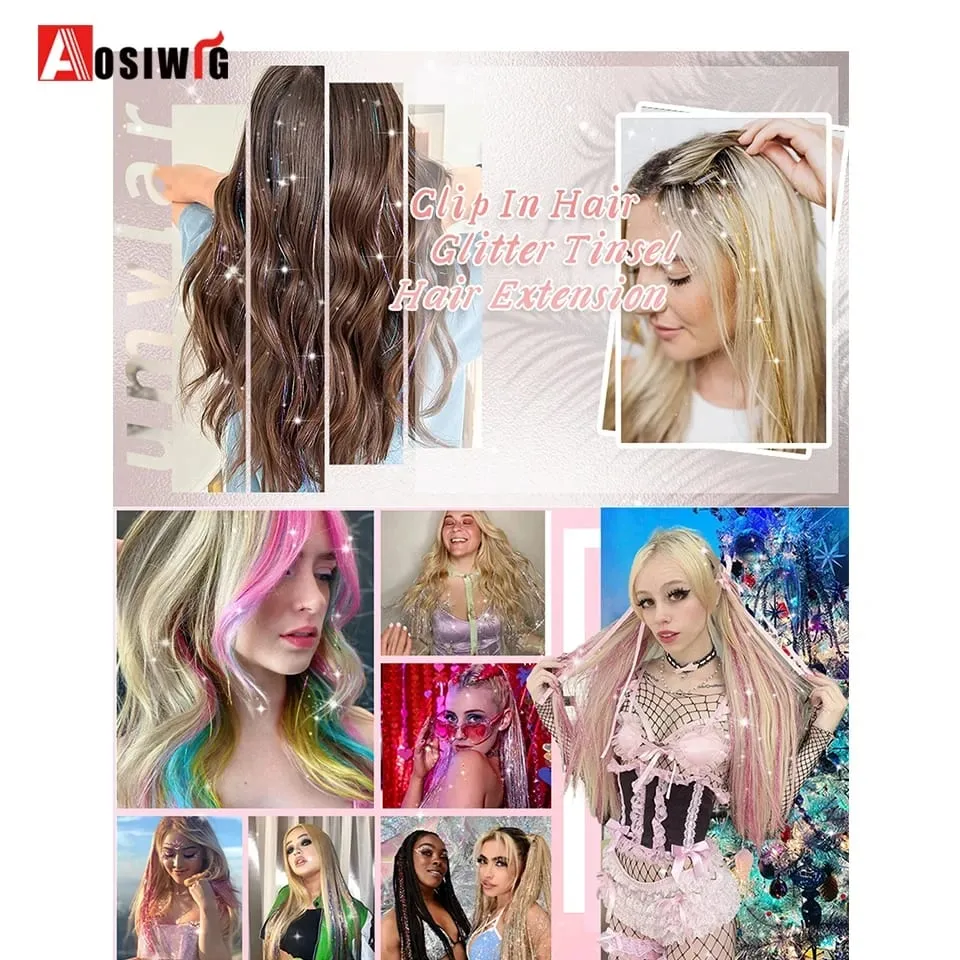 12 pièces/paquet Extensions de cheveux blonds scintillants pince en arc-en-ciel brillant étincelant guirlandes de cheveux résistant à la chaleur étincelle Extensions de cheveux pour W — image 7