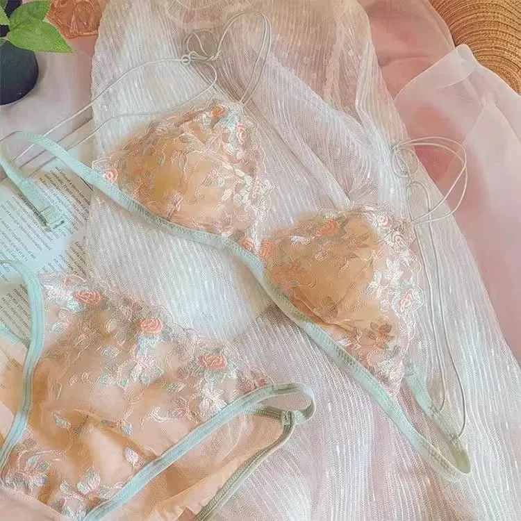 Fransk ren Desire Broderet Blonde Drømmetrekant Skål uden bøjle Tyndt bælte Lille BH-sæt Ultratyndt sexet BH-sæt — image 10