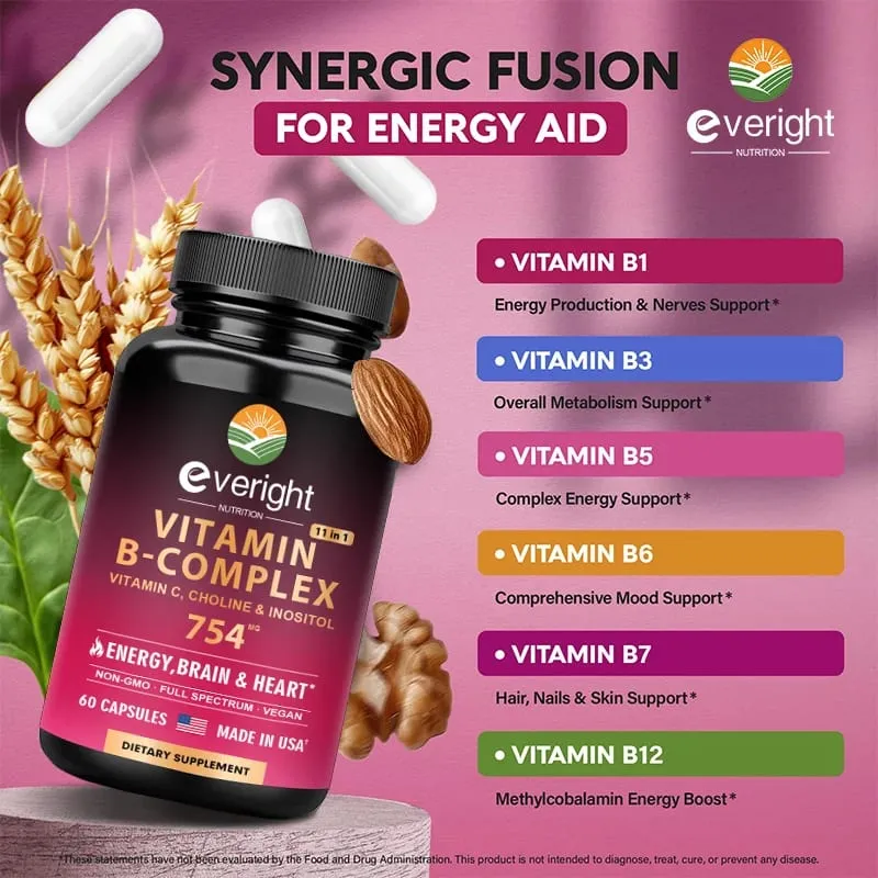 Complexo de vitamina B para suporte energético do cérebro e do coração - com B1 B2 B3 B5 B6 B7 B8 B9 B12 com vitamina C Colina Inositol — image 3