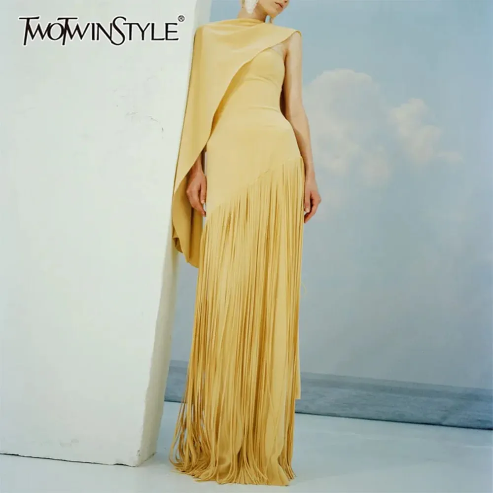 Gaun Chic Rumbai Sambungan Longgar Solid untuk Wanita Gaun Elegan Mewah Tanpa Lengan Leher O Fashion Musim Panas Wanita Baru — image 2