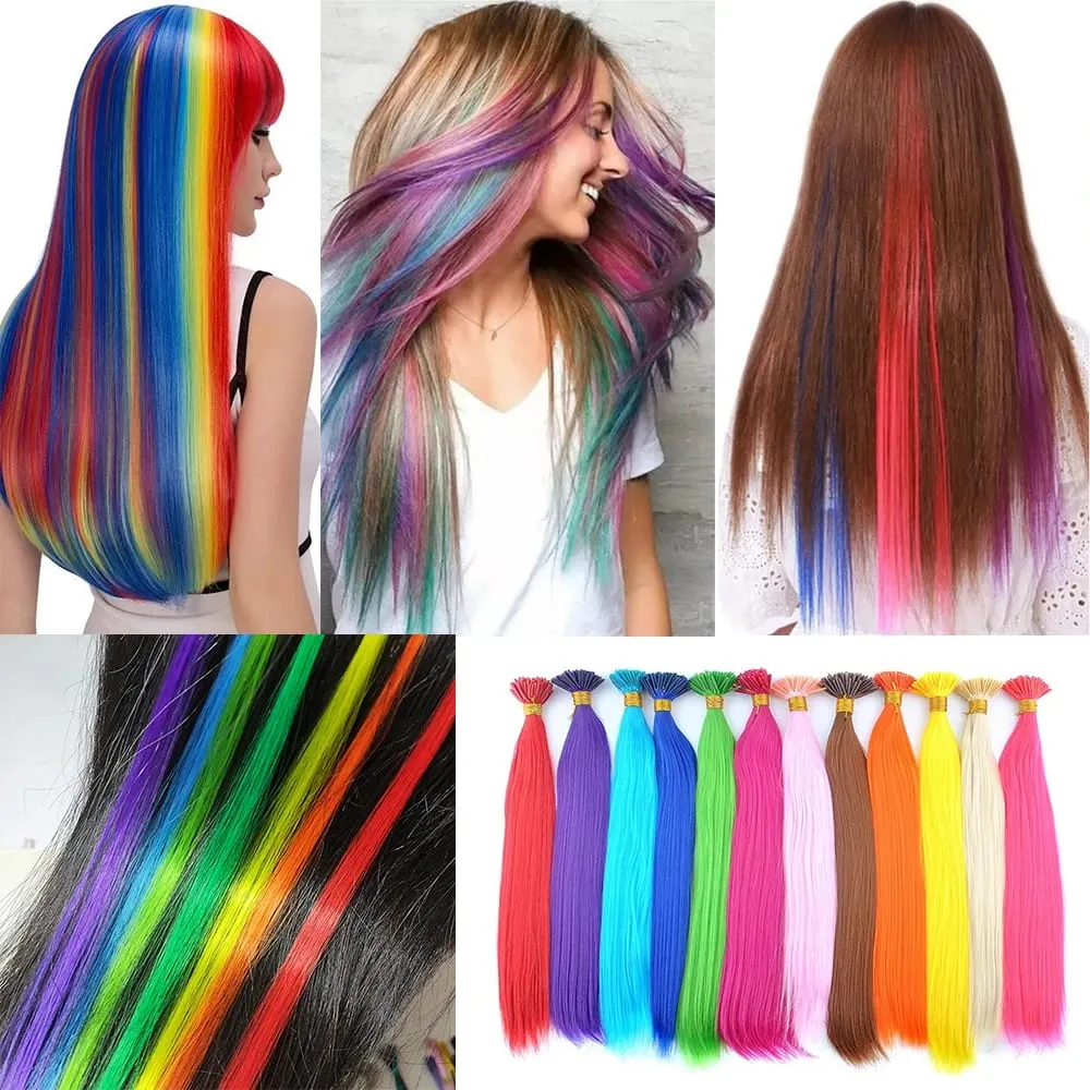 20 Strands/Pack Random Ten Colors Synthetic Colored I-Tip Stick Hair Extensions Straight Hair 16 Inch For Women High Temperature — image 7