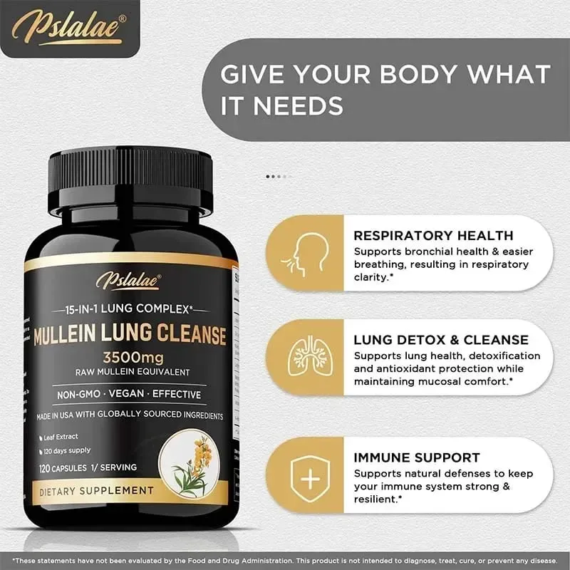 Mullein Lung Cleansing - Smoker's Respiratory Supplement Vegetarian Capsules - Lung Clearing Lung Health Immunity Supplement — image 1