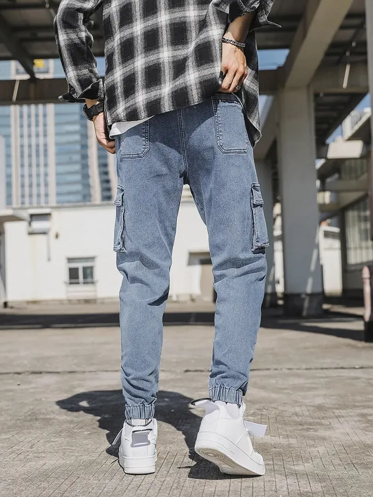 Celana Jeans Jogger Pria Celana Kargo Denim Multi Saku Agak Melar Bahan Katun Dicuci Ukuran Asia L-6XL — image 4