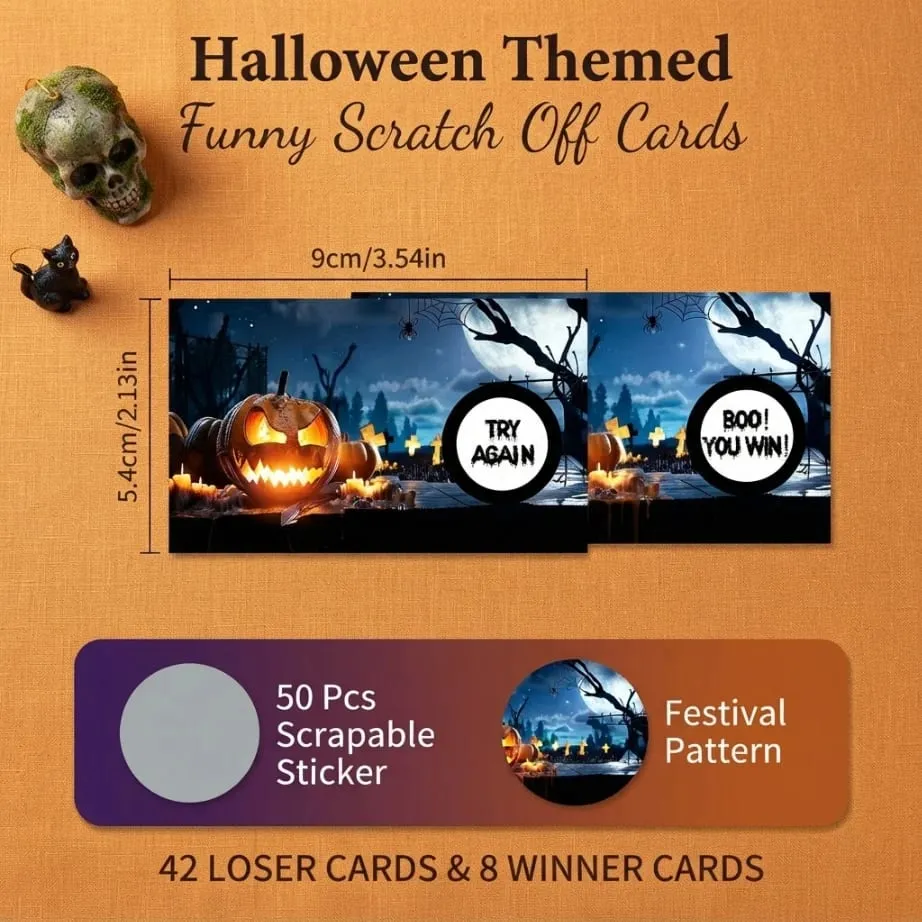 50 cartes à gratter Halloween : grattez pour gagner et débloquer des prix ; parfait pour les activités interactives sur le thème d’Halloween.