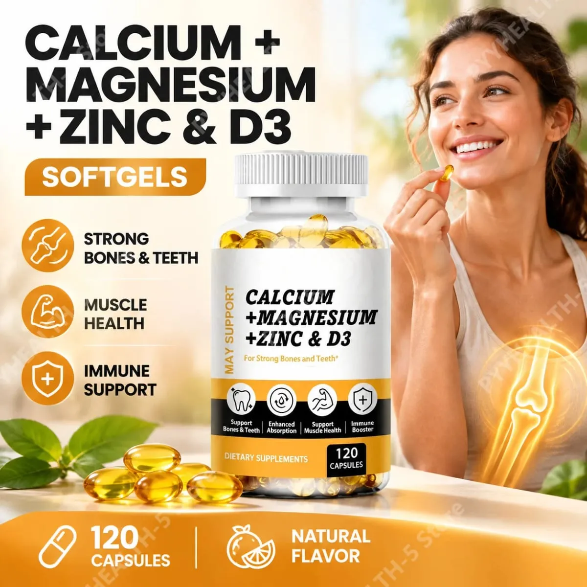 Calcium Magnesium Zinc Softgels Bone & Teeth Support Vitamin D3 Supplement Supports Muscle Health & Immune Function 120 Capsules — image 1