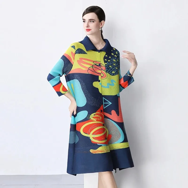 Miyake Pleated Drape Dress Women 2024 Spring Summer Colorblock Printing Lapel 3/4 Sleeve Single-breasted Fashion Shirt Dresses — image 7