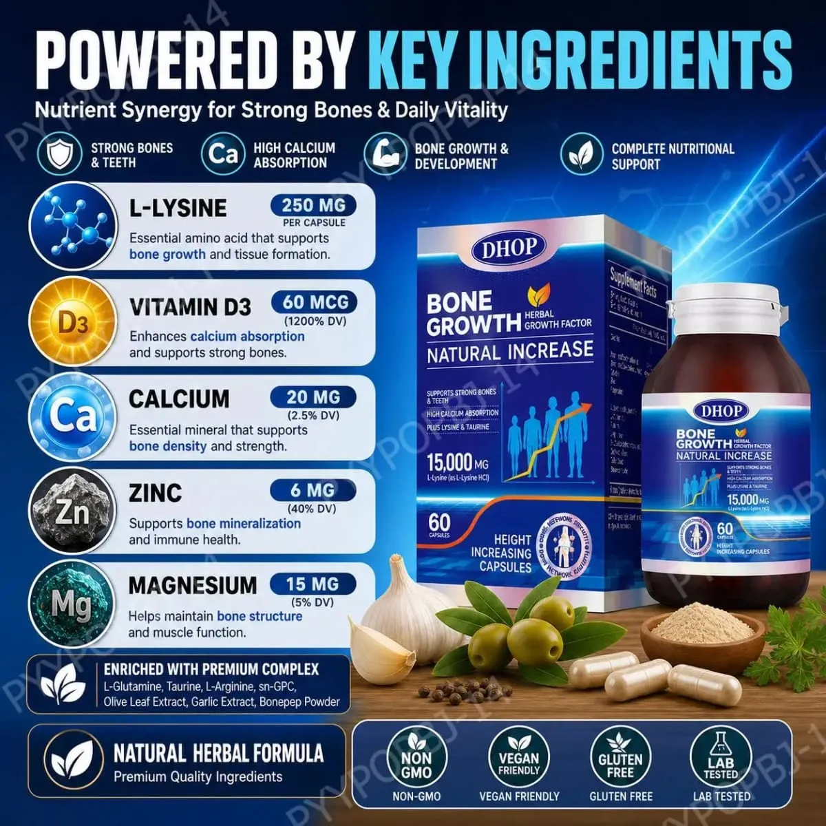 Bone Growth Natural Increase Capsules with L-Lysine Vitamin D3 Calcium & Zinc; Supports Strong Bones & Teeth 60 Capsules — image 4