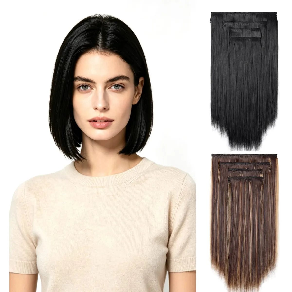12 นิ้วตรงคลิปในส่วนขยายของผม 4 ชิ้น/เซ็ตเต็มหัวสั้นสังเคราะห์ Highlight Hair Extensions สำหรับผู้หญิง — image 2