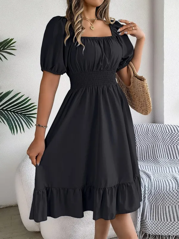Frühling Sommer Elegantes Kleid mit hoher Taille Square Neck Kurzarm Rüschenkante Lange Kleider 2026 Valentinstag Damenbekleidung — image 10