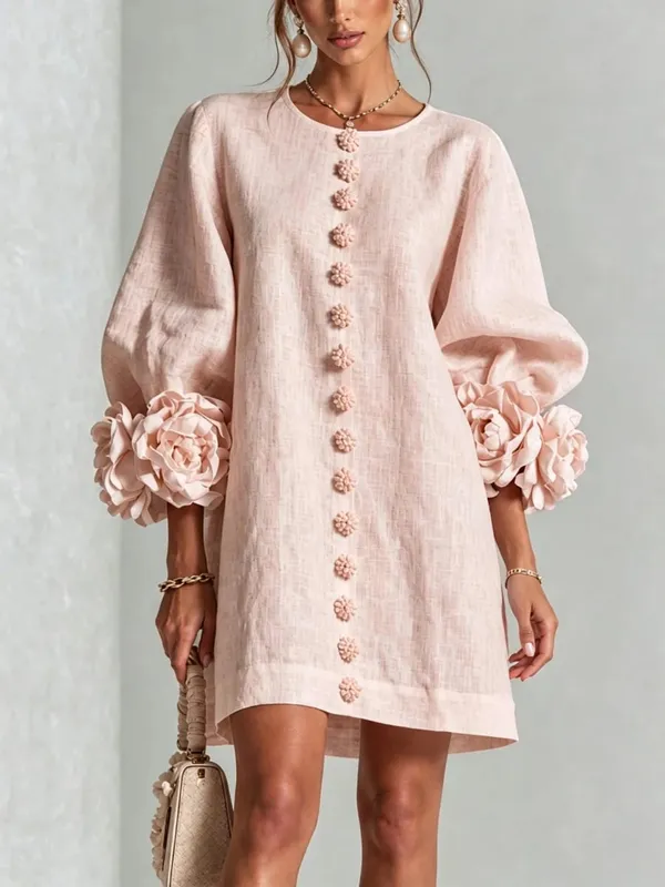 Frauen Frühling Herbst 3D Blume Lange Laterne Hülse Baumwolle Leinen Mini Kleid Solide Crew Neck Lose Elegante Tägliche Tragen Kurze kleid