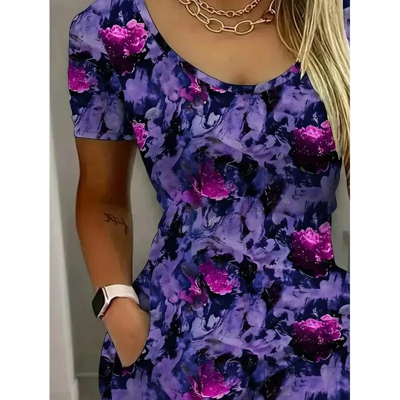 Pambabaeng Elegant Kumportableng Naka-print na Solid na Kulay na Pocket Maikling Manggas na bilog na leeg na Mini Skirt Mahabang Dress Casual Fashion