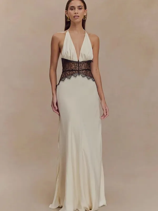 MO Patchwork Sexy Deep V-neck Lace Halter Dress Maxi Wanita Gaun Malam Tanpa Belakang Putih Musim Panas Slim Elegant Party Dress