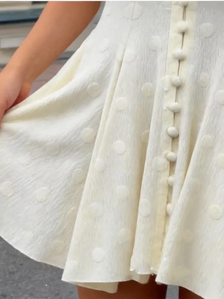 Polka Dot Schlanke Frauen Sommer Mini Kleid Solide Tiefem V-ausschnitt Puff Ärmeln Plissee Vordere Taste Kurze Kleider 2026 Dame täglichen Tragen — image 6