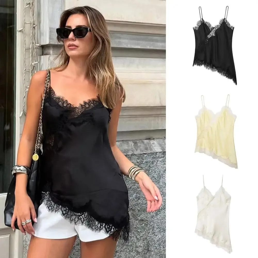 Thanh lịch Bất Đối Xứng Ren Ren Miếng Dán Cường Lực Top Không Tay Hở Lưng Yếm Áo Cổ Chữ V Ren Nữ bể Mặc Mùa Hè — image 2