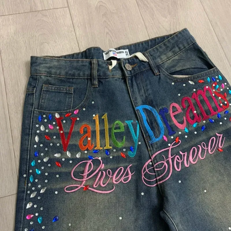 2026 ล่าสุดสไตล์ VALLEY Shiny Diamond โลโก้ Denim กางเกงขาสั้น Vintage ล้างผู้ชายผู้หญิงคุณภาพสูงแฟชั่นกางเกงยีนส์ Skinny — image 2