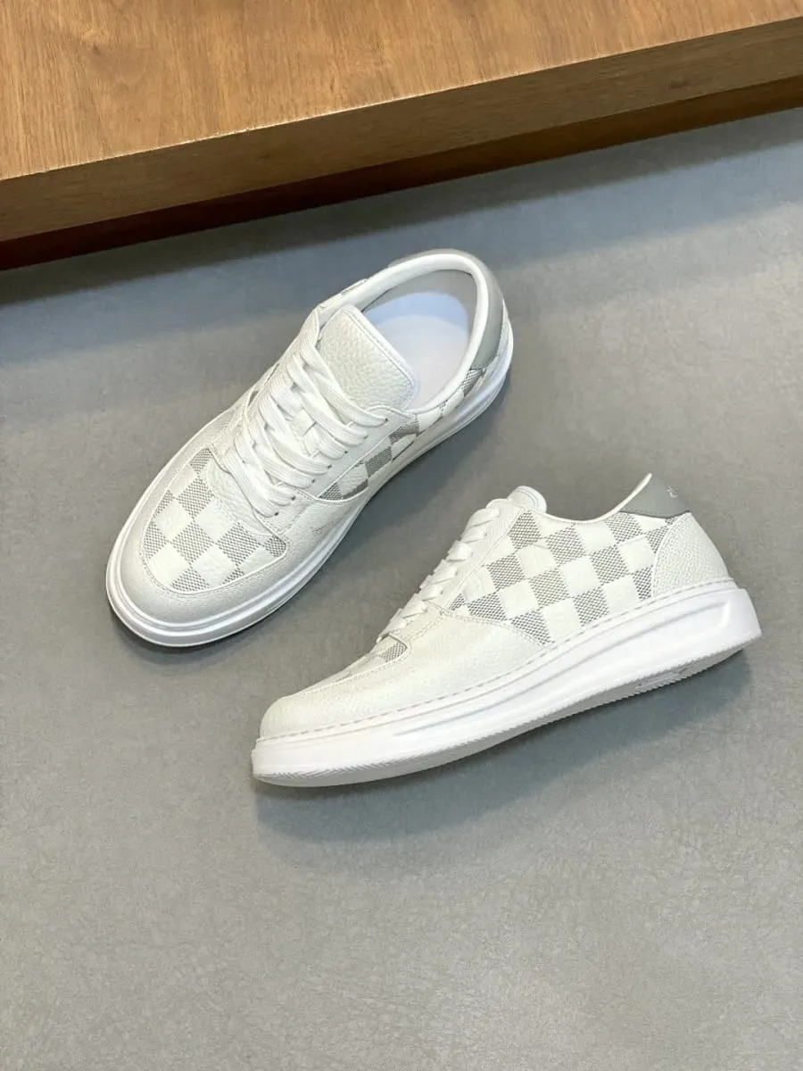 รองเท้าผ้าใบสเก็ตหนัง Grain Leather Low-Top สีเทา ลายหมากรุกสีขาว ลายตารางหมากรุก พื้นรองเท้ายางกันลื่น Minimal Versatile Daily Walking Shoes — image 4