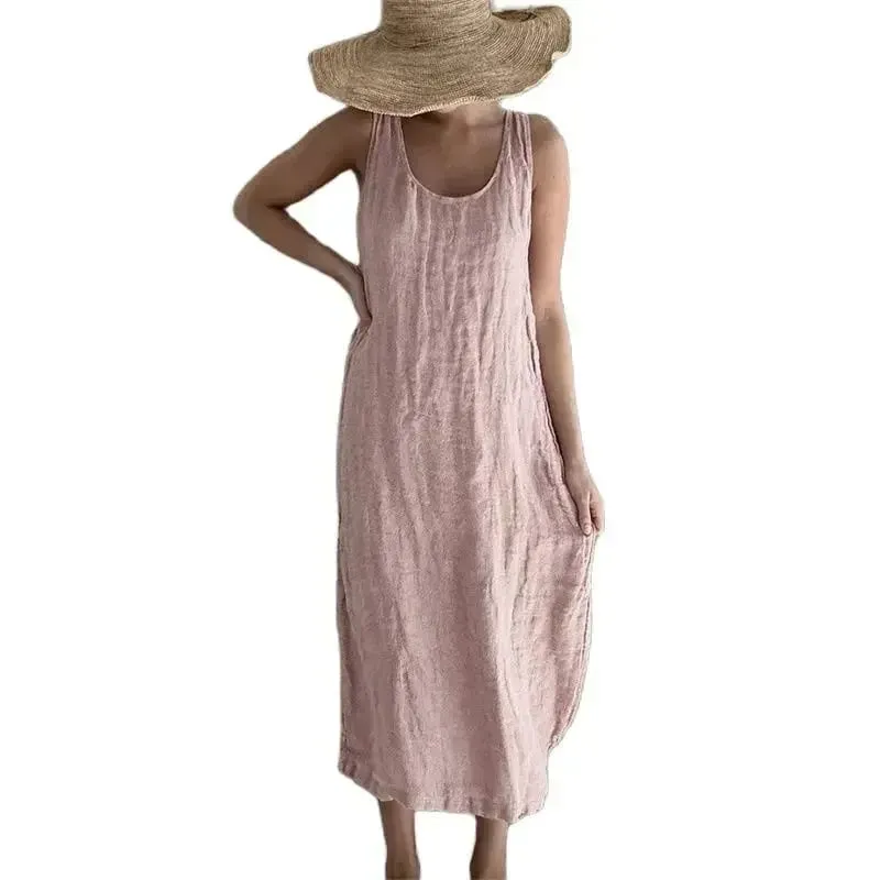 Robe en coton et lin pour femmes, confortable et décontractée, couleur unie, poches latérales, col rond, pull sans manches, été, 2026 — image 1
