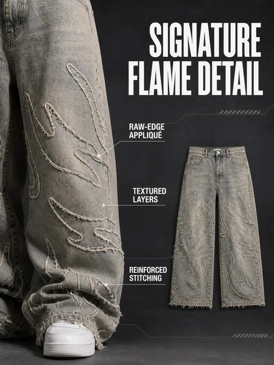 Jean à jambes larges en Denim noir, Streetwear, avec lettres surdimensionnées brodées et jean Baggy en détresse, pantalon gothique Hip Hop — image 6