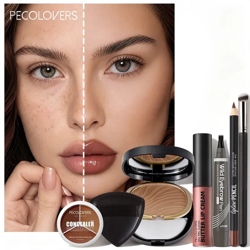 7 STK Ansigtsmakeup Sæt Langtidsholdbar Concealer Contour Powder Lip Cream Vandtæt øjenbrynspen med makeup børste