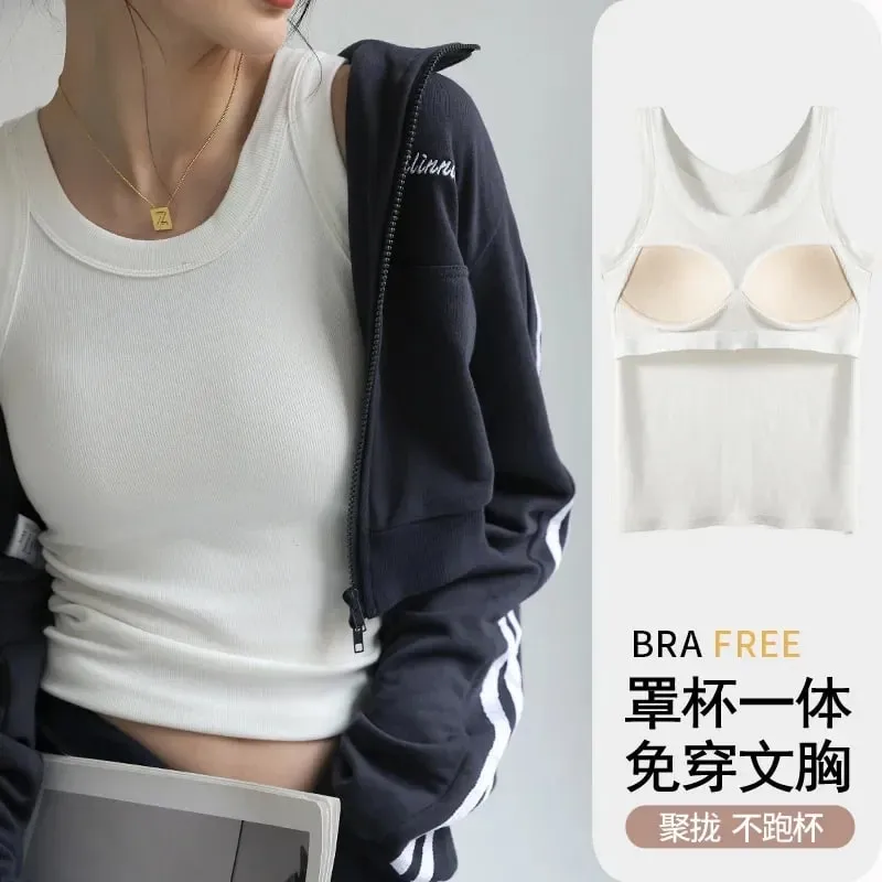 New Women Solid Round Neck Ribbed Tank Top Camisole Women Summer Basic Elastic TankTop One-piece Vest with Chest Pad Y2k — image 10