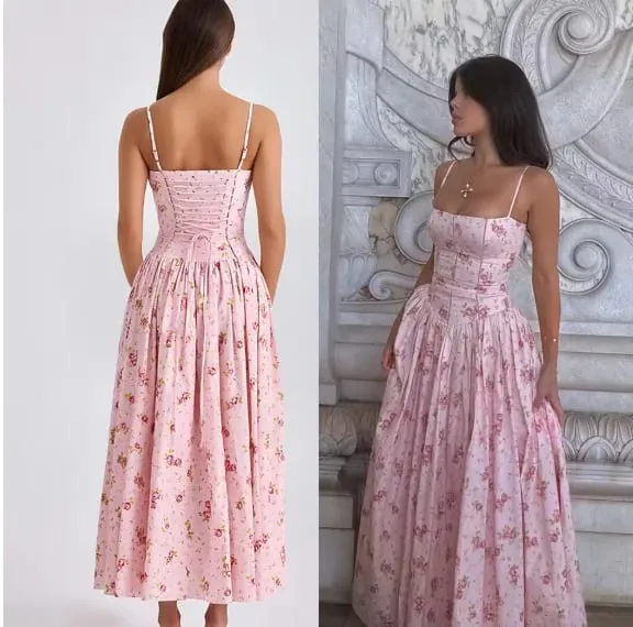 Mingmingxi Wanita Panjang Cetak Bunga Spaghetti Strap Gaun Maxi Musim Panas Gaun Renda Elegan Gaun Pesta Percutian Flowy Pakaian Pantai — image 9