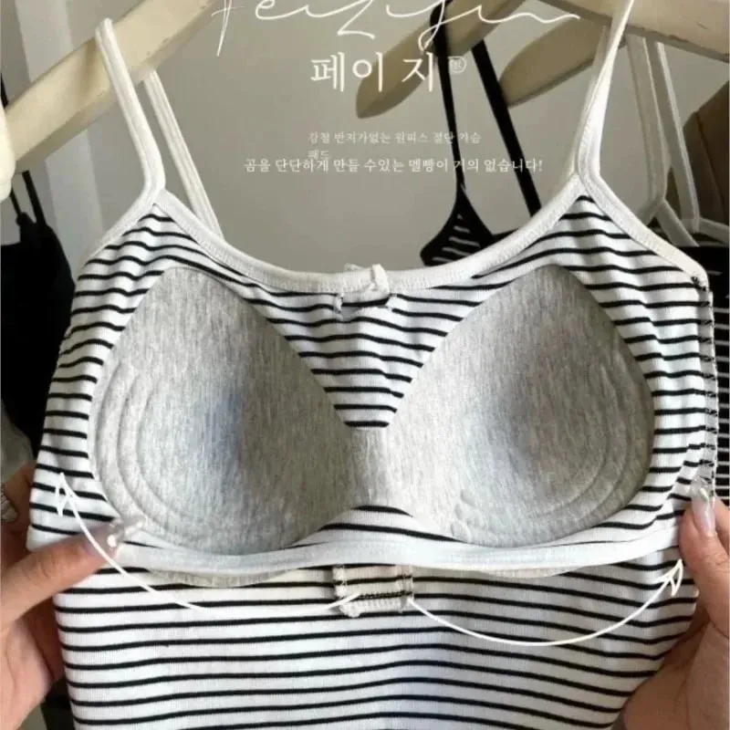 Jaket Wanita Berjalur Bersepadu Pakaian Dalaman Butang Pakai Luar Cawan Tetap Tanpa Bra Sukan Atasan Kapas Gaya Pendek 100% Rompi Pendek — image 7
