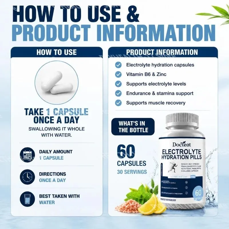 Kapsul Hidrasi Elektrolit dengan Vitamin B6 & Seng untuk Daya Tahan Hidrasi & Dukungan Pemulihan Otot 60 Kapsul